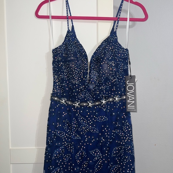 Jovani Navy Blue Beaded Prom Dress - Picture 2 of 8